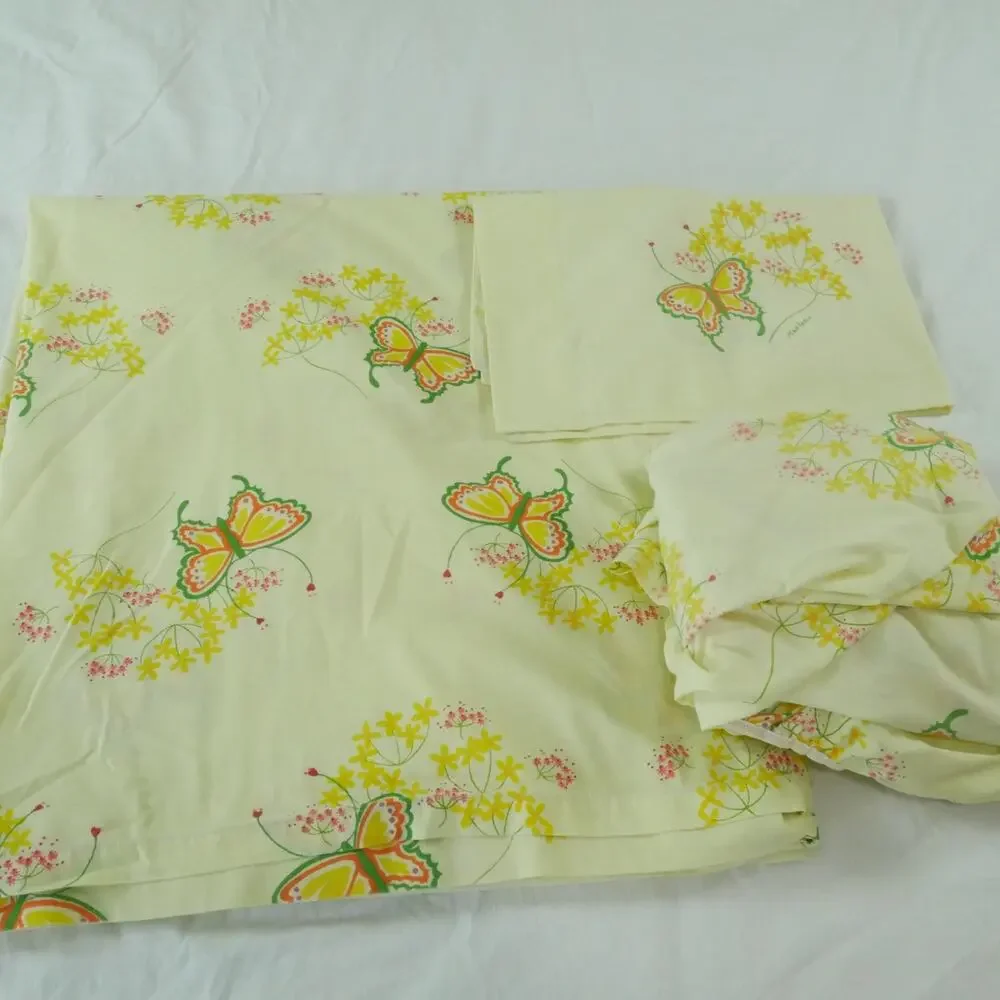 Vintage 70s Queen Sheet‎ Set Yellow Floral Butterflies Marlene Tastemaker Dainty